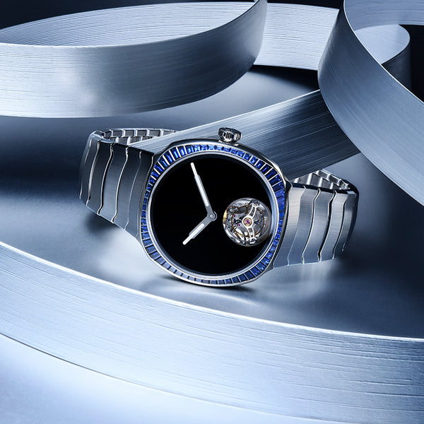 H MOSER STREAMLINER STEEL TOURBILLON BLUE SAPPHIRE BEZEL VANTABLACK DIAL ON BRACELET (Image 2)