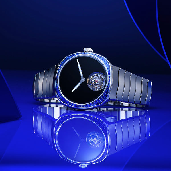 H MOSER STREAMLINER STEEL TOURBILLON BLUE SAPPHIRE BEZEL VANTABLACK DIAL ON BRACELET (Image 3)