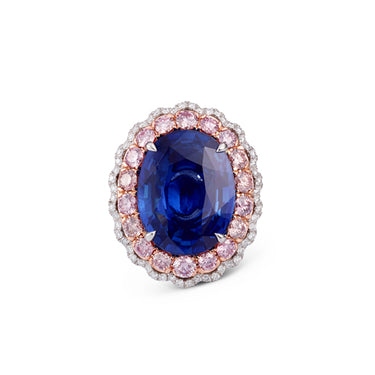 15.0CT OVAL CUT MADAGASCAN SAPPHIRE AND ARGYLE PINK DIAMOND RING