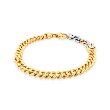 18CT YELLOW GOLD AND WHITE GOLD CURB LINK BRACELET WITH DOUBLE SIDE DIAMOND FEATURE LINK