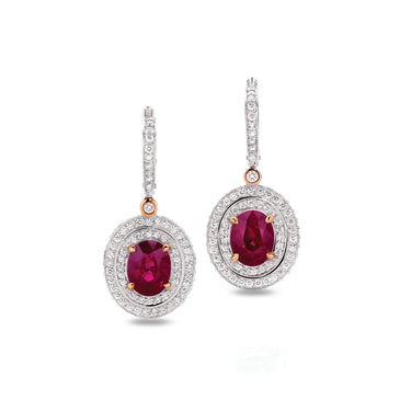 PICCHIOTTI 18CT WHITE GOLD AND ROSE GOLD RUBY AND DIAMOND DROP EARRINGS