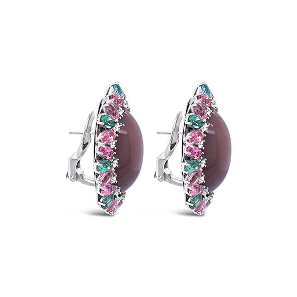 18CT WHITE GOLD, MOONSTONE, PINK AND GREEN TOURMALINE AND DIAMOND EARRINGS (Image 5)