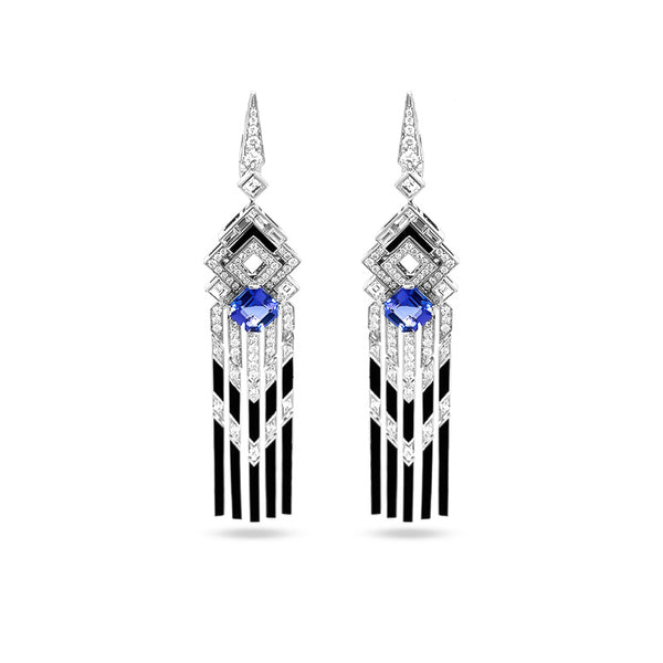 'NORMANDY COLLECTION' 18CT WHITE GOLD TANZANITE, DIAMOND AND BLACK ENAMEL DROP EARRINGS (Image 2)