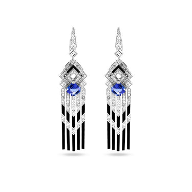 'NORMANDY COLLECTION' 18CT WHITE GOLD TANZANITE, DIAMOND AND BLACK ENAMEL DROP EARRINGS