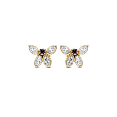 'BUTTERFLY' 18CT YELLOW GOLD AND 18CT WHITE GOLD WHITE DIAMOND AND COGNAC DIAMOND STUD EARRINGS
