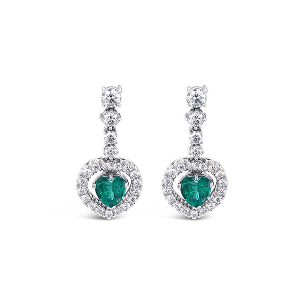 18CT WHITE GOLD COLOMBIAN EMERALD AND DIAMOND DROP EARRINGS (Image 1)