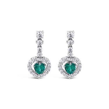 18CT WHITE GOLD COLOMBIAN EMERALD AND DIAMOND DROP EARRINGS