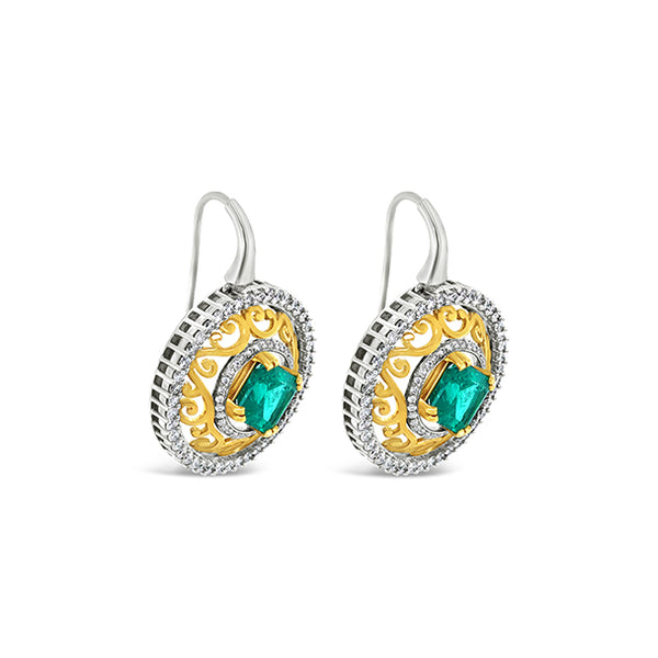 18CT YELLOW GOLD AND WHITE GOLD COLOMBIAN EMERALD AND DIAMOND DROP EARRINGS (Image 3)