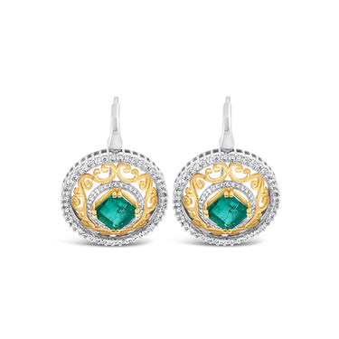 18CT YELLOW GOLD AND WHITE GOLD COLOMBIAN EMERALD AND DIAMOND DROP EARRINGS