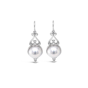 18CT WHITE GOLD MABE PEARL AND DIAMOND DROP EARRINGS