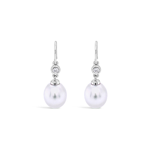 18CT WHITE GOLD "EGG" SOUTH SEA PEARL AND DIAMOND DROP EARRINGS (Image 1)