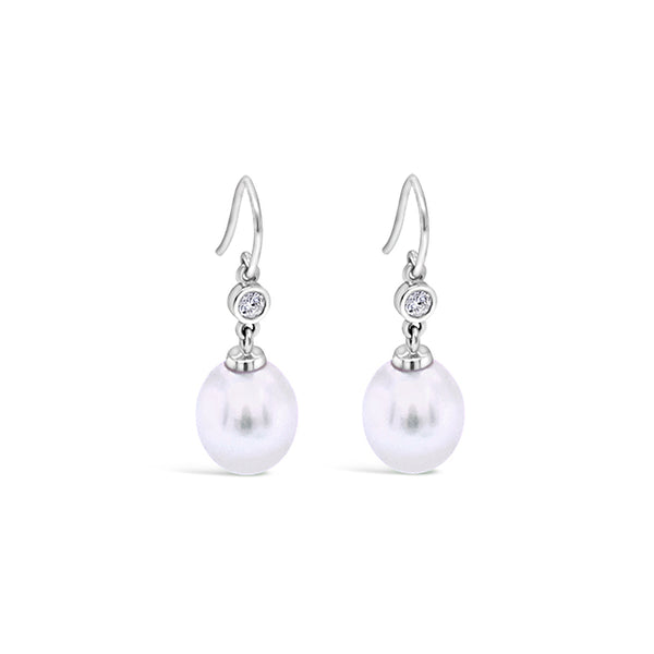18CT WHITE GOLD "EGG" SOUTH SEA PEARL AND DIAMOND DROP EARRINGS (Image 2)