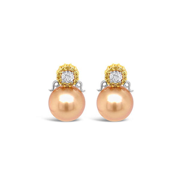 18CT YELLOW GOLD AND WHITE GOLD DIAMOND AND GOLDEN SOUTH SEA PEARL EARRINGS (Image 1)