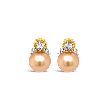18CT YELLOW GOLD AND WHITE GOLD DIAMOND AND GOLDEN SOUTH SEA PEARL EARRINGS