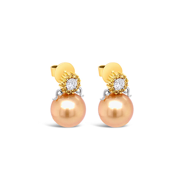 18CT YELLOW GOLD AND WHITE GOLD DIAMOND AND GOLDEN SOUTH SEA PEARL EARRINGS (Image 2)
