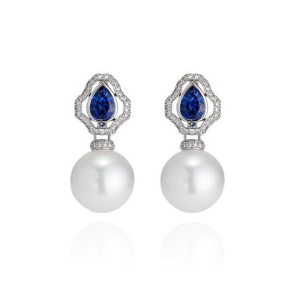 AUTORE 18CT WHITE GOLD SOUTH SEA PEARL, SAPPHIRE, AND DIAMOND EARRINGS (Image 1)