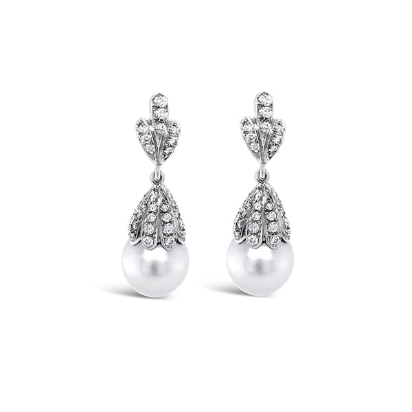 18CT WHITE GOLD GREY SOUTH SEA PEARL AND DIAMOND DROP EARRINGS (Image 1)