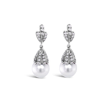 18CT WHITE GOLD GREY SOUTH SEA PEARL AND DIAMOND DROP EARRINGS