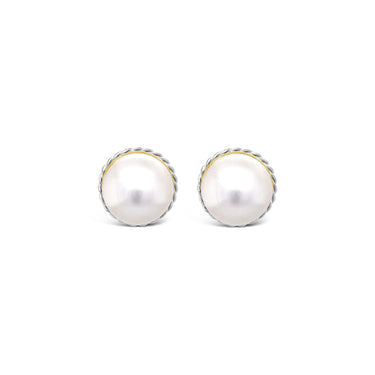 18CT YELLOW GOLD AND WHITE GOLD PEARL STUD EARRINGS