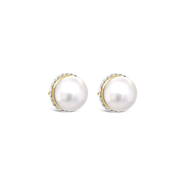 18CT YELLOW GOLD AND WHITE GOLD PEARL STUD EARRINGS (Image 2)