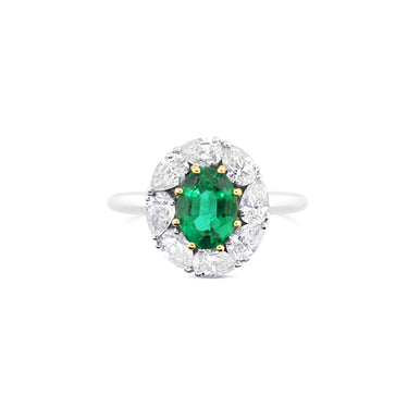 PICCHIOTTI EMERALD AND DIAMOND OVAL CUT CLUSTER RING