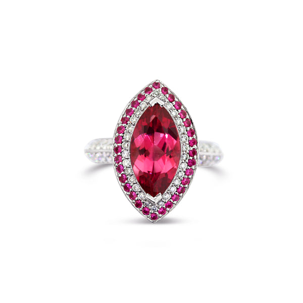 18CT WHITE AND ROSE GOLD PINK TOURMALINE, SAPPHIRE AND DIAMOND MARQUISE CUT DRESS RING (Image 1)