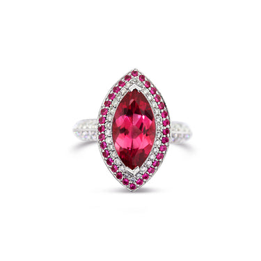 18CT WHITE AND ROSE GOLD PINK TOURMALINE, SAPPHIRE AND DIAMOND MARQUISE CUT DRESS RING