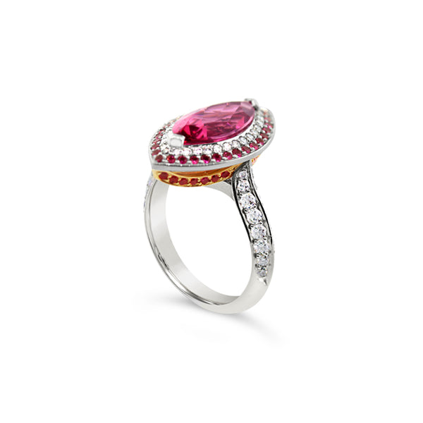 18CT WHITE AND ROSE GOLD PINK TOURMALINE, SAPPHIRE AND DIAMOND MARQUISE CUT DRESS RING (Image 2)