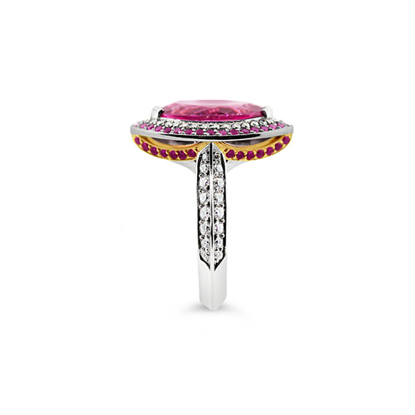 18CT WHITE AND ROSE GOLD PINK TOURMALINE, SAPPHIRE AND DIAMOND MARQUISE CUT DRESS RING (Image 3)