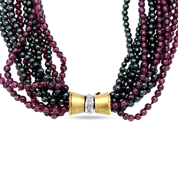 12 STRAND HAEMATITE AND GARNET NECKLACE WITH 14CT YELLOW GOLD DIAMOND SET CLASP (Image 3)