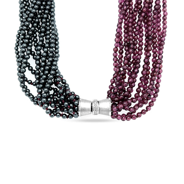 12 STRAND HAEMATITE AND GARNET NECKLET WITH 9CT WHITE GOLD DIAMOND SET CLASP (Image 2)