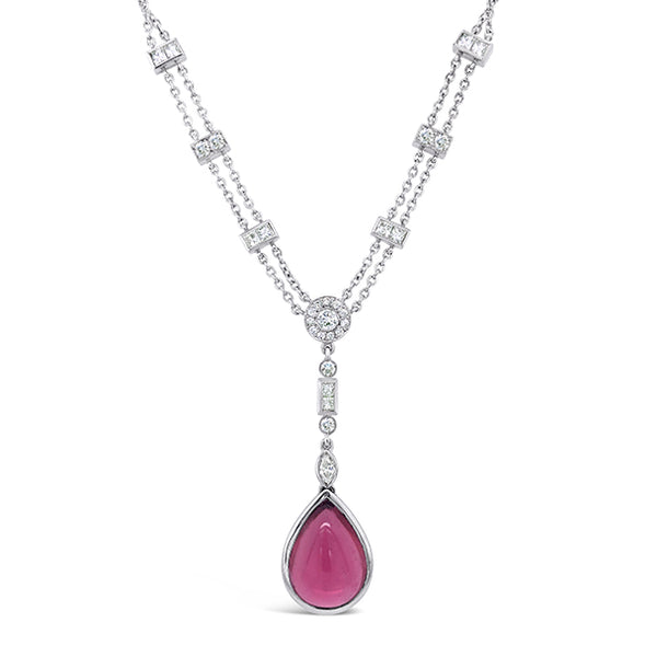 18CT WHITE GOLD PINK TOURMALINE AND DIAMOND DROP NECKLACE (Image 1)