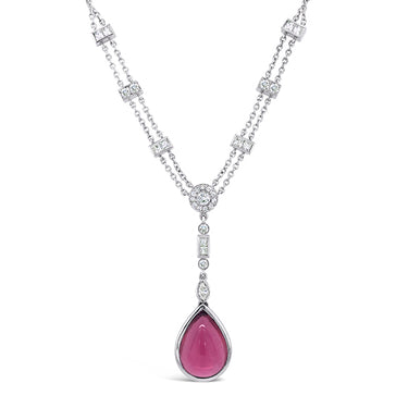 18CT WHITE GOLD PINK TOURMALINE AND DIAMOND DROP NECKLACE