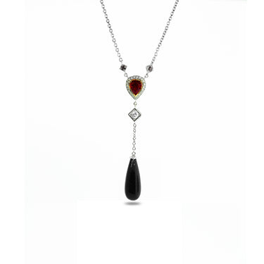 18CT WHITE AND ROSE GOLD RUBY, ONYX, WHITE AND BLACK DIAMOND NECKLACE