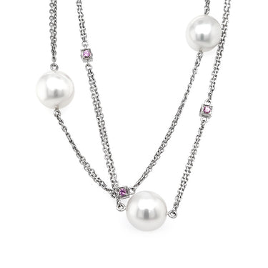 KAILIS 'OPERA CONSTELLATION' 18CT WHITE GOLD PEARL AND PINK SAPPHIRE NECKLACE