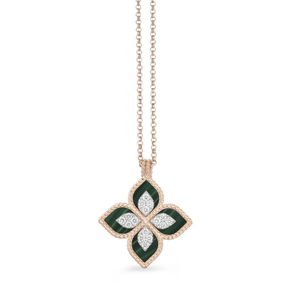 ROBERTO COIN 'PRINCESS FLOWER' 18CT ROSE GOLD MALACHITE AND DIAMOND NECKLACE (Image 1)