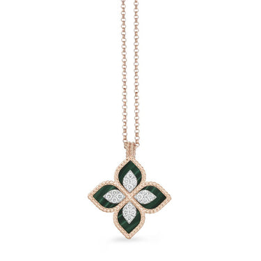 ROBERTO COIN 'PRINCESS FLOWER' 18CT ROSE GOLD MALACHITE AND DIAMOND NECKLACE
