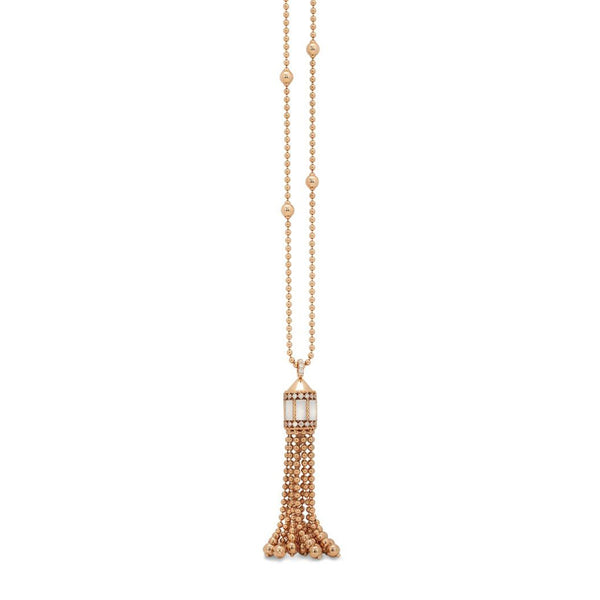 ROBERTO COIN 'ART DECO' 18CT ROSE GOLD WHITE MOTHER OF PEARL AND DIAMOND TASSEL NECKLACE (Image 1)