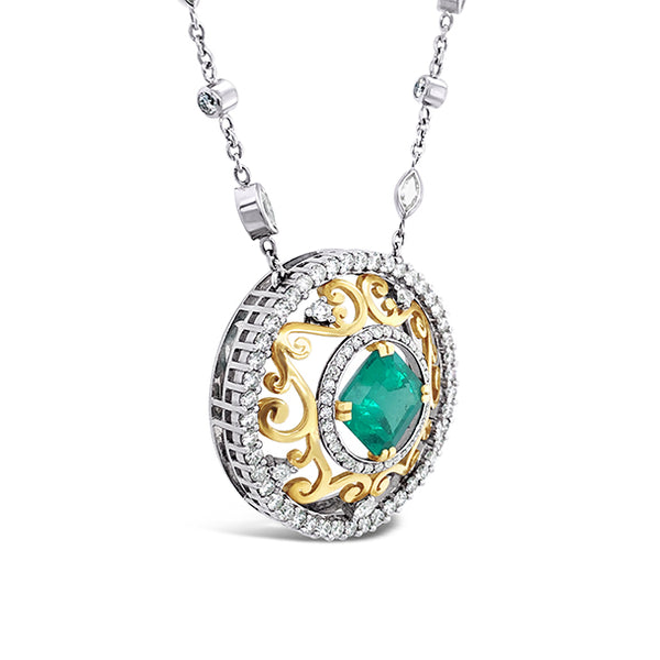 18CT WHITE GOLD AND YELLOW GOLD COLOMBIAN EMERALD AND DIAMOND NECKLACE (Image 2)