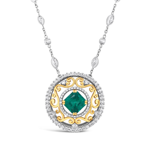 18CT WHITE GOLD AND YELLOW GOLD COLOMBIAN EMERALD AND DIAMOND NECKLACE (Image 1)