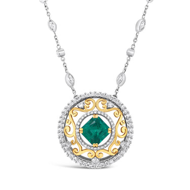 18CT WHITE GOLD AND YELLOW GOLD COLOMBIAN EMERALD AND DIAMOND NECKLACE