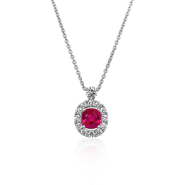 18CT WHITE GOLD RUBY AND DIAMOND HALO NECKLACE (Image 1)