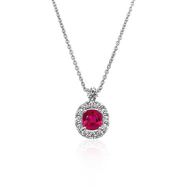 18CT WHITE GOLD RUBY AND DIAMOND HALO NECKLACE