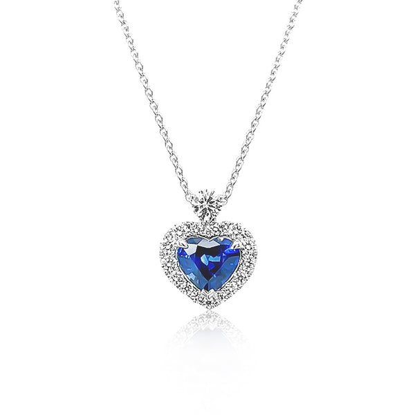18CT WHITE GOLD SAPPHIRE HEART AND DIAMOND NECKLACE (Image 1)