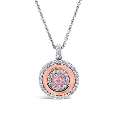 18CT WHITE GOLD AND ROSE GOLD 0.14CT ARGYLE PINK DIAMOND MEDALLION STYLE PENDANT ON TRACE CHAIN