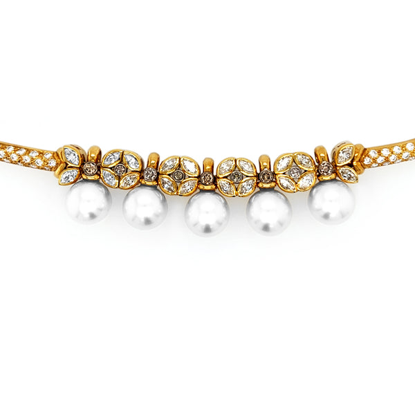 18CT YELLOW GOLD SOUTH SEA PEARL, WHITE DIAMOND AND ARGYLE CHAMPAGNE DIAMOND NECKLET (Image 1)