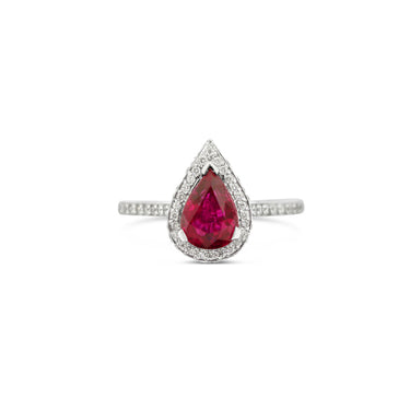 18CT WHITE GOLD PEAR SHAPE RUBY AND DIAMOND HALO RING