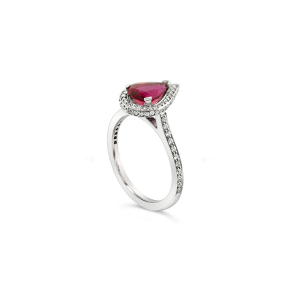 18CT WHITE GOLD PEAR SHAPE RUBY AND DIAMOND HALO RING (Image 2)