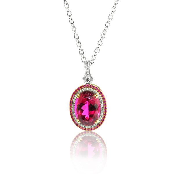 18CT WHITE AND ROSE GOLD RUBELLITE SAPPHIRE AND DIAMOND OVAL SHAPED PENDANT (Image 2)