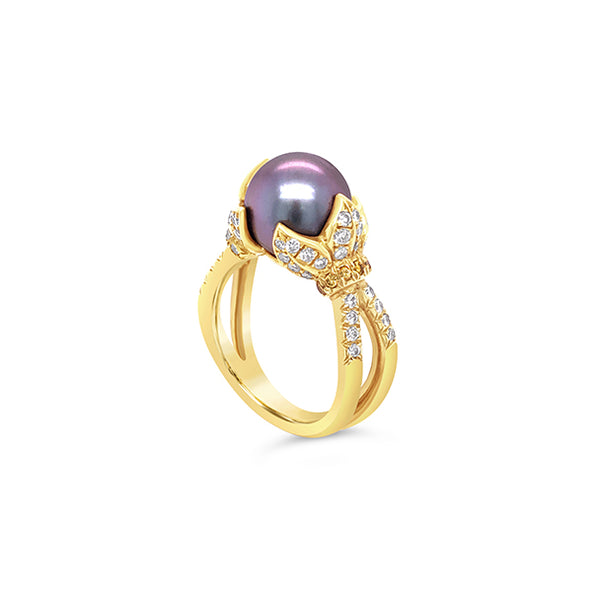 TAHITIAN PEARL AND DIAMOND RING, SET IN 18CT YELLOW GOLD (Image 4)